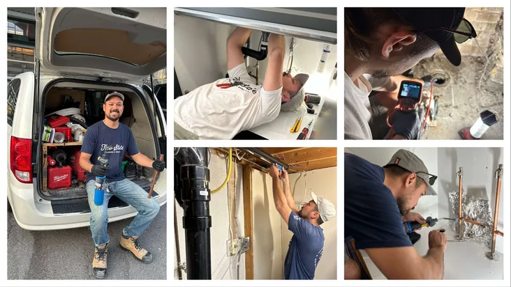 Flow State plumbers working on various residential plumbing projects across St. Catharines - including drain camera inspections, under-sink repairs, rough-in installations, and on-site plumbing services
