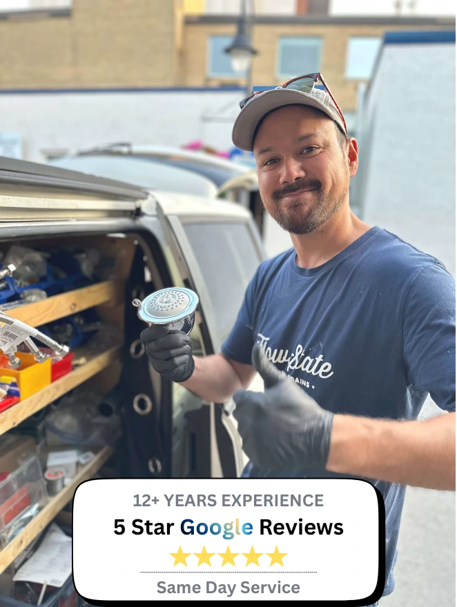 Professional St. Catharines plumber standing by a work van holding a showerhead, with a service badge highlighting 12+ years experience, 5-star Google reviews, and same-day plumbing service