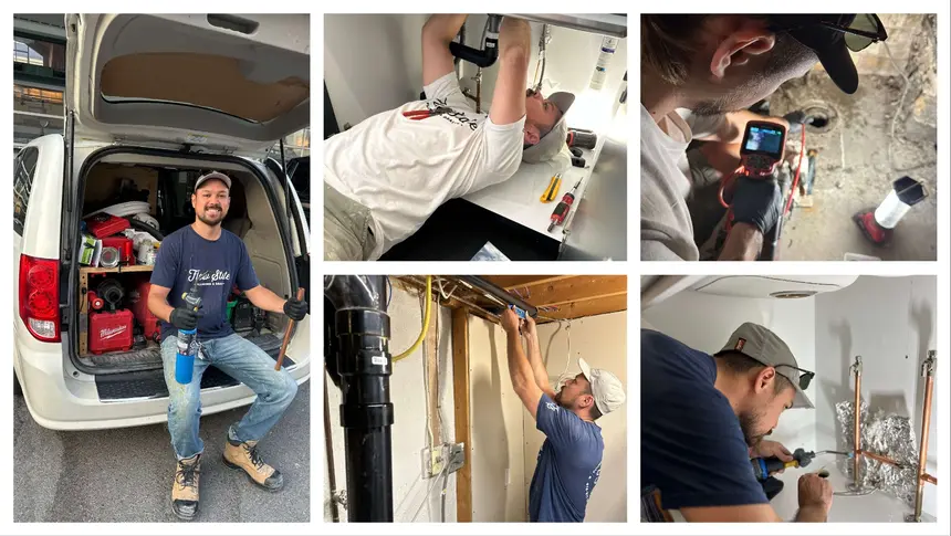 A collage of images showing a port colborne plumber working on various plumbing and drain jobs.
