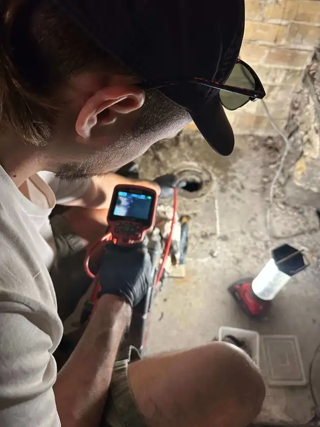 A plumber in Port Colborne looking at the inside of a customers drain with drain video camera tool